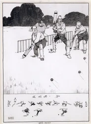 Schnelles Cricket, eine neue Methode, um beiden Seiten eine Chance zu geben, eine Illustration für The Bystander, Mai 1927